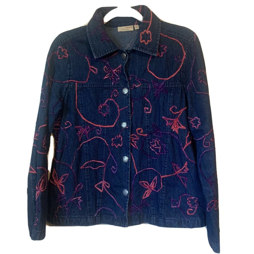 Jean‎ Jacket Pink Purple Embroidered Swirls